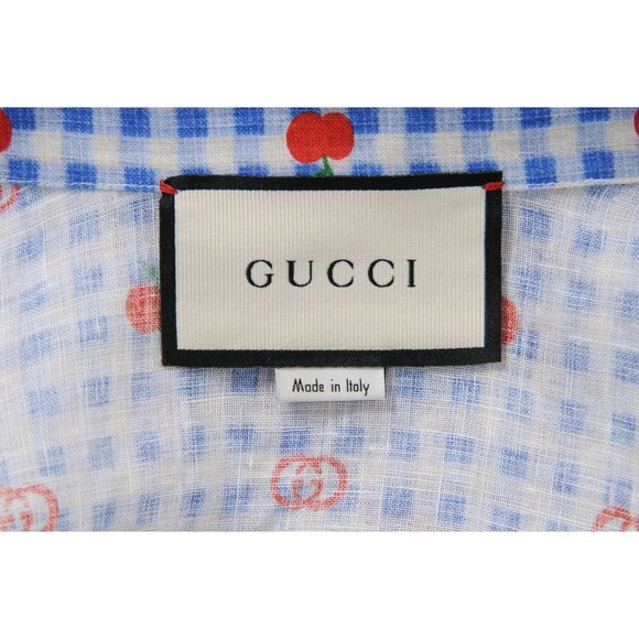 Gucci Men Pyjama Shirt Medium IT 46 Gingham Blue Red GG Logo Bowling Button Down - Picture 8 of 11